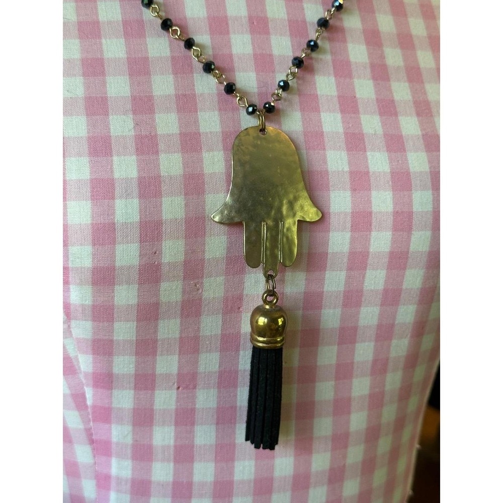 Gold Tone Hamsa Hand Pendant Necklace Black Tassel Beaded 28 Inch Boho